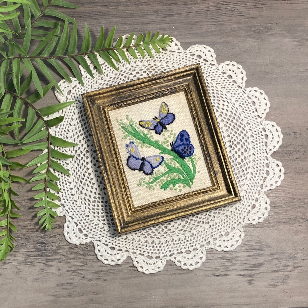 Vintage Framed Blue Butterflies Needlepoint Art